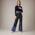 Women's Summer Pattern Thin Bell Bottom Pants Starry Sky Printed Knitted Trousers Trendy Wide Leg Pants For Women