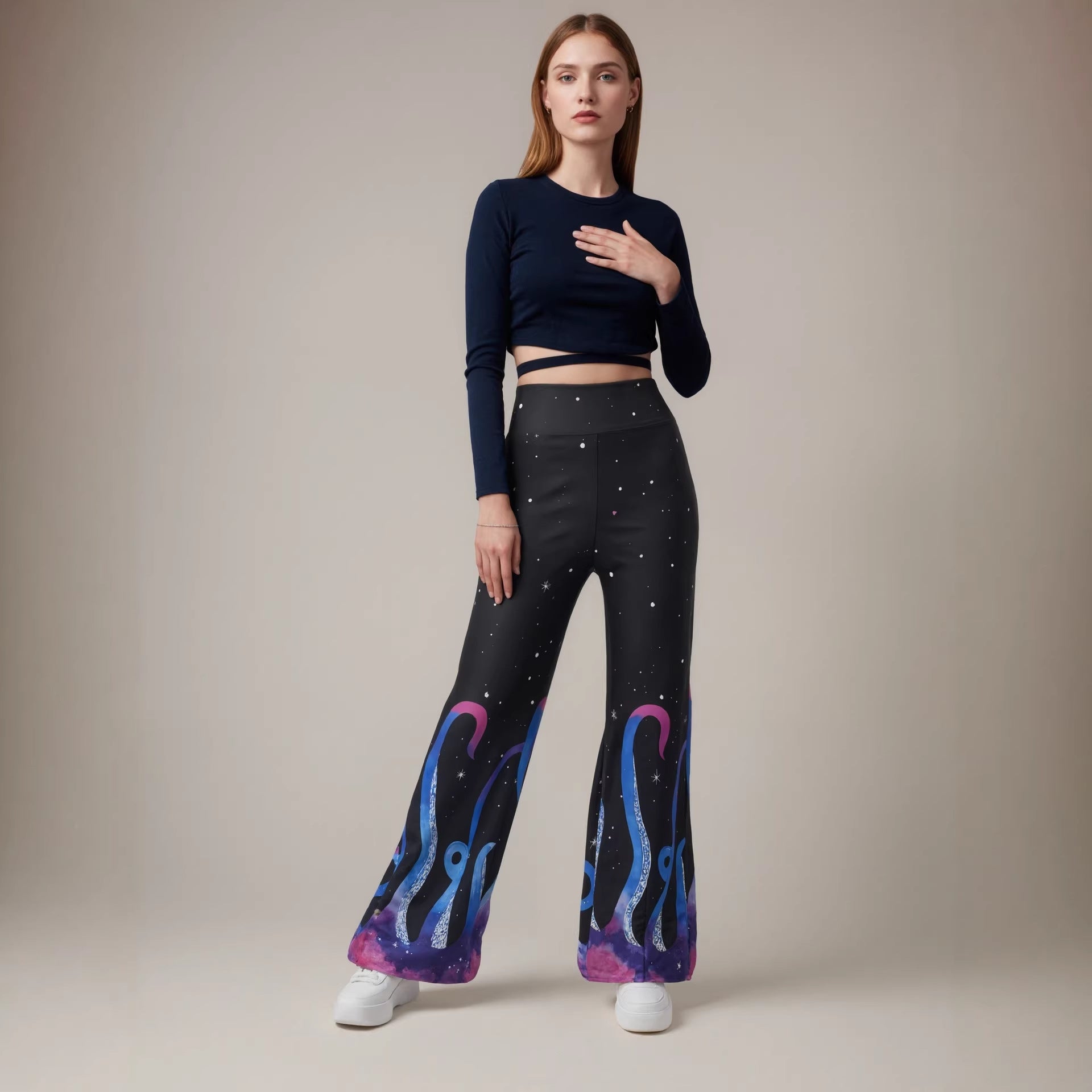 Women's Summer Pattern Thin Bell Bottom Pants Starry Sky Printed Knitted Trousers Trendy Wide Leg Pants For Women