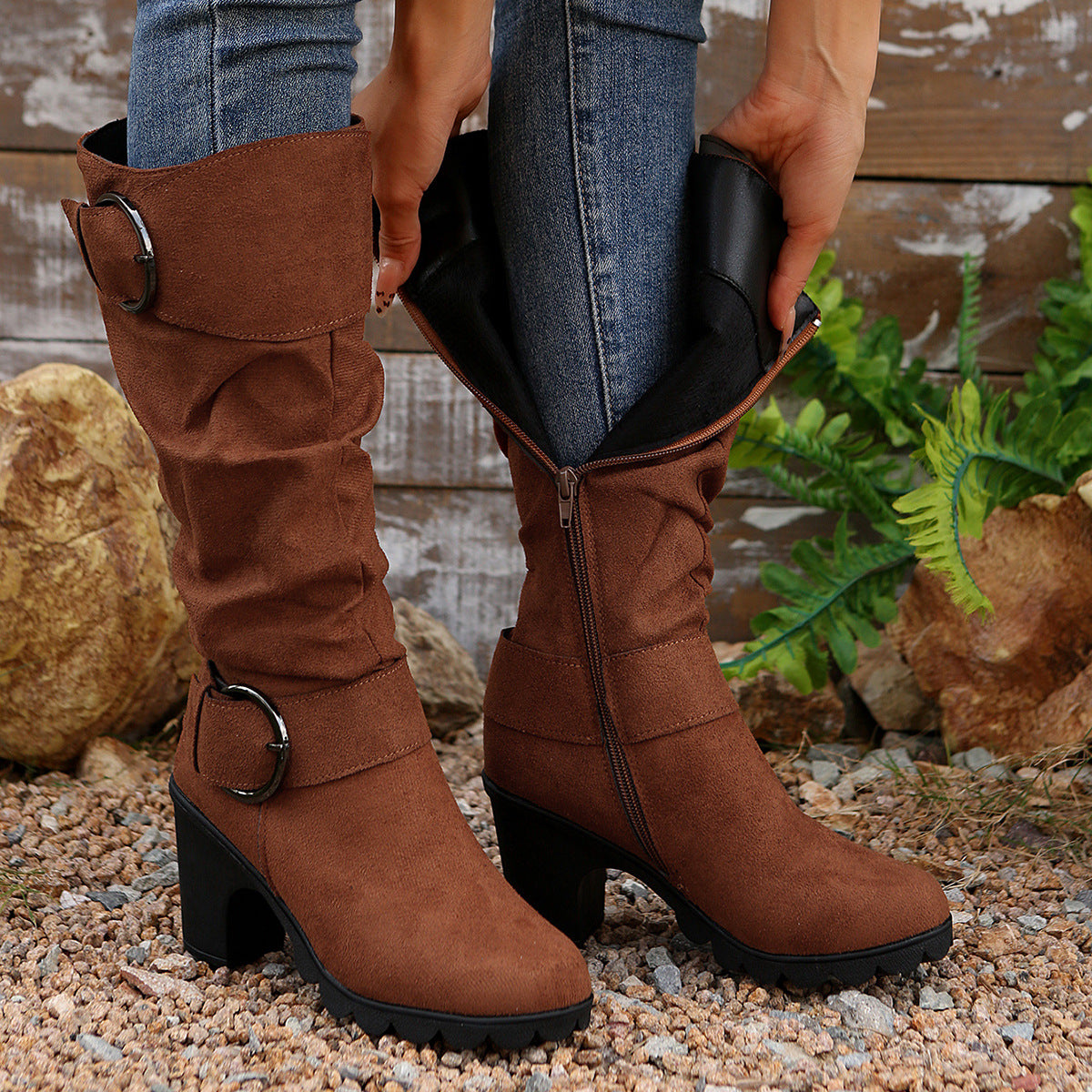 Women's Wedge Belt Buckle Boots Side Zipper Suede Chunky