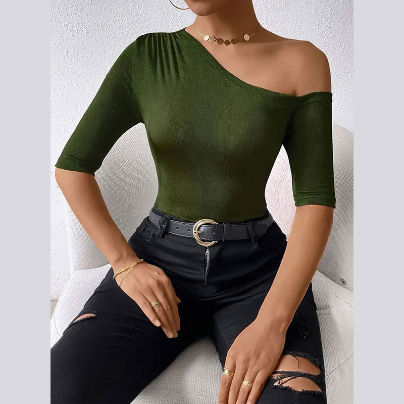 Women’s Green Asymmetric Off Shoulder Knit Top