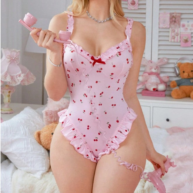 Sexy Pure Small Cherry Ruffled Jumpsuit Suspender Lingerie