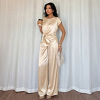 Light Luxury Office Satin Twisted round Neck Top Wide Leg Pants Set