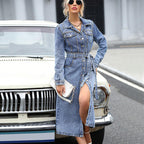 Collared Belted Long-Sleeve Denim A-Line Midi Dress