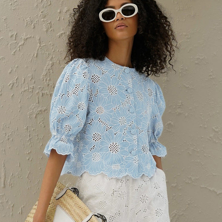 Embroidery Short Shirt Flared Sleeves Cropped Exposed Shirt Top