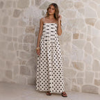Women's Summer Polka Dot Printed Pleated Craft Sweet Spaghetti Strap Mid Length Dress