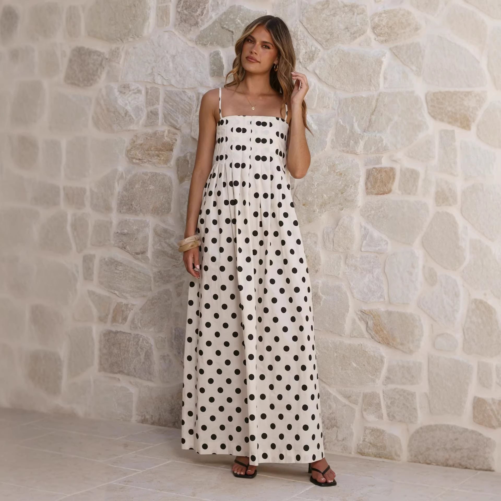 Women's Summer Polka Dot Printed Pleated Craft Sweet Spaghetti Strap Mid Length Dress