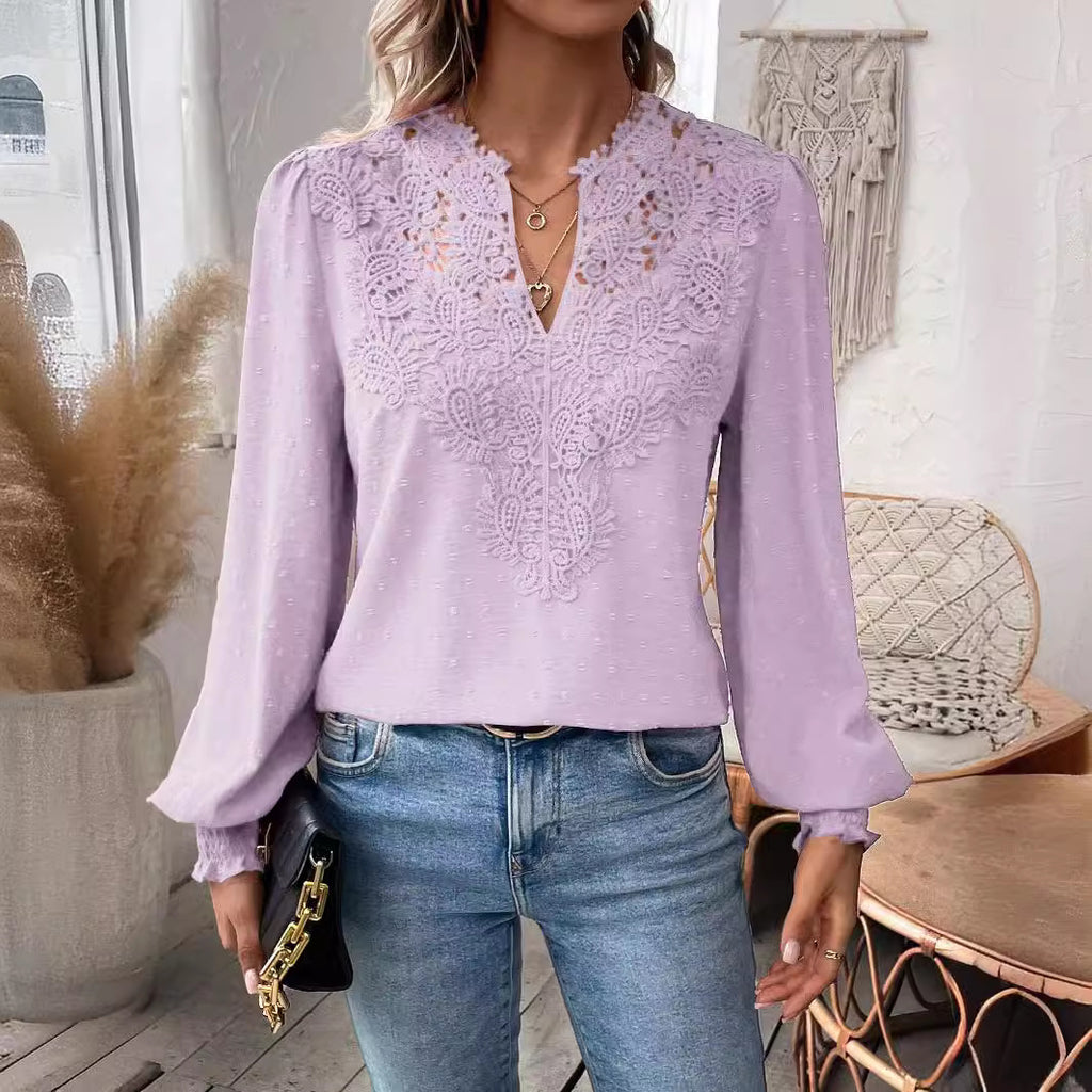 Women's Autumn Winter V Neck Lace Solid Color Long Sleeve Casual T Women Top
