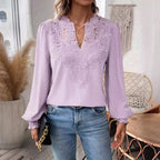 Women's Autumn Winter V Neck Lace Solid Color Long Sleeve Casual T Women Top