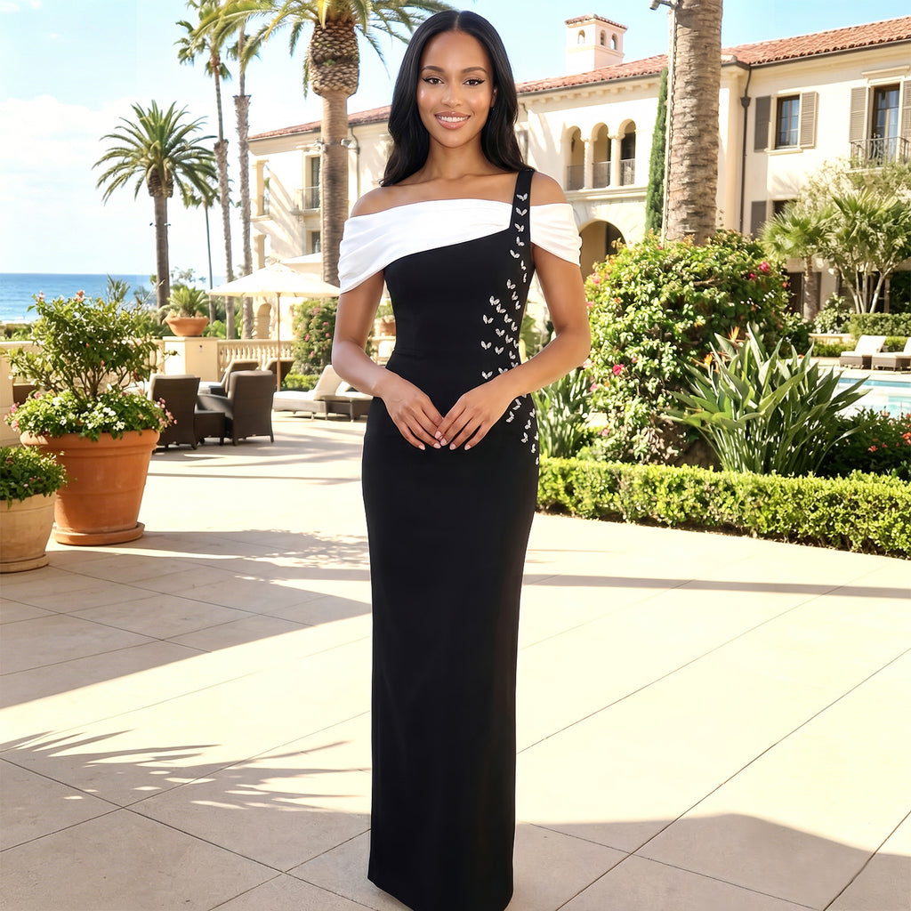 Women's Off-Shoulder Rhinestone Fishtail Maxi Dress