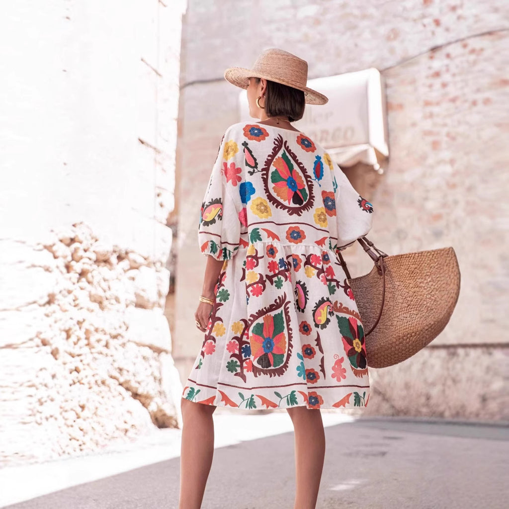 Floral V-Neck Short-Sleeve Mini Dress