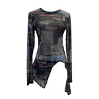 Women's Real Shot Vintage Tie Dyed Printed Mesh Bottoming Shirt Long Sleeved Top Irregular Asymmetric Lace Up Thin Short T Shirt