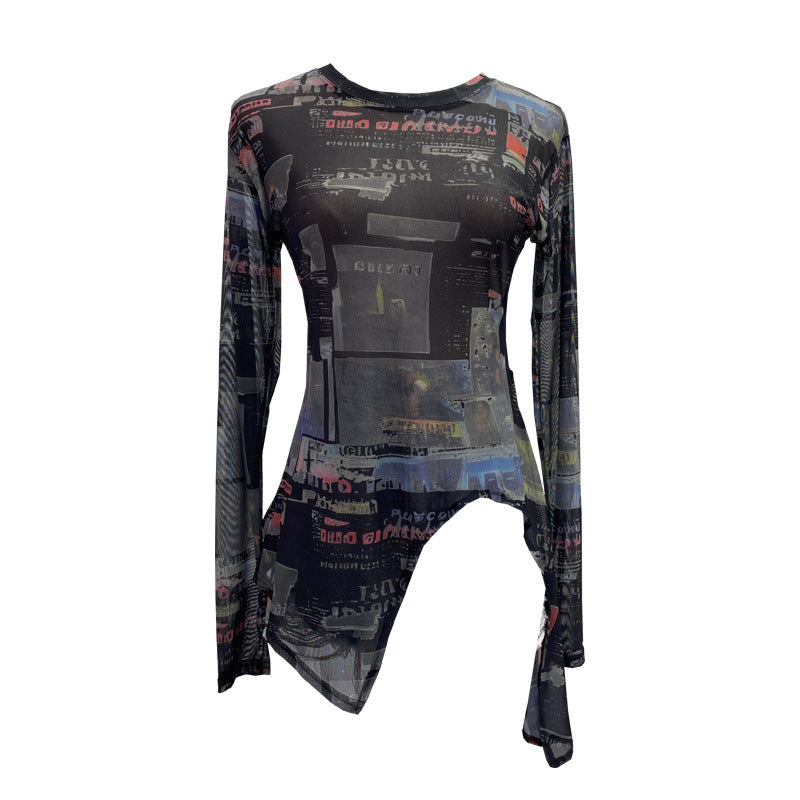 Women's Real Shot Vintage Tie Dyed Printed Mesh Bottoming Shirt Long Sleeved Top Irregular Asymmetric Lace Up Thin Short T Shirt