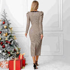 French Dress Long Sleeve Tight Hip Belt Plaid Stretch Knitted