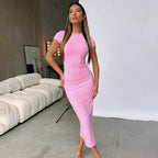 Summer Solid Color Dress Kardashian Slim Fit Short Sleeve round Neck