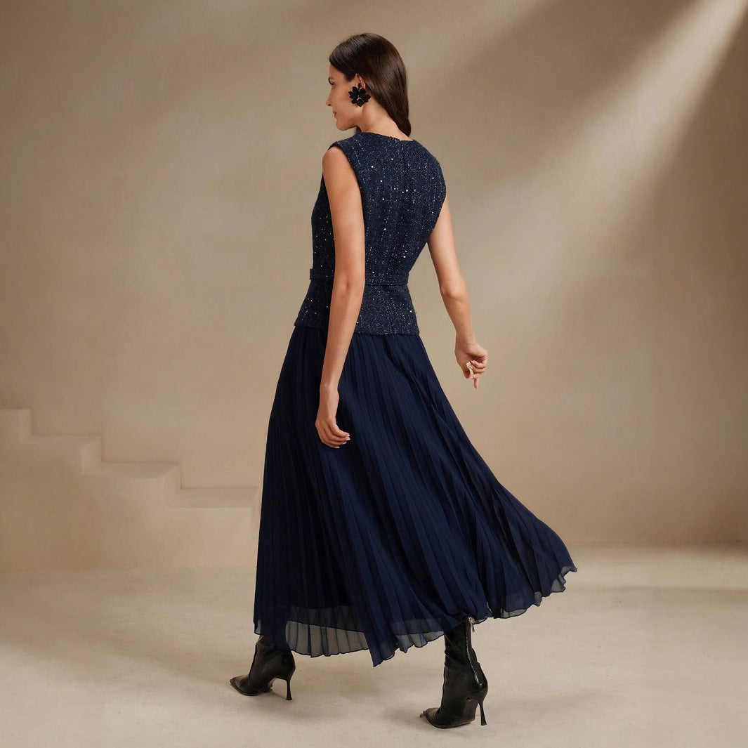 Women's Spring Summer Woolen Stitching Vest Pleated Dress
