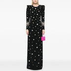 Women's Crew-Neck Rhinestone Beaded Split Long-Sleeve Bodycon Maxi Dress
