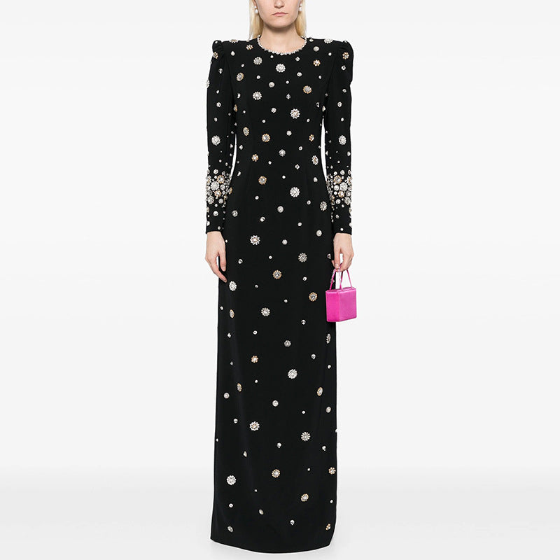 Women's Crew-Neck Rhinestone Beaded Split Long-Sleeve Bodycon Maxi Dress