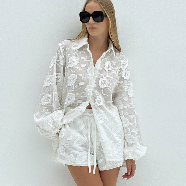 Women's Lace Suit Embroidery Transparent Shirt High Waist Shorts White