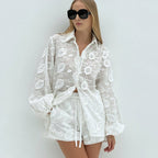 Women's Lace Suit Embroidery Transparent Shirt High Waist Shorts White