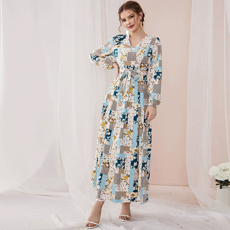 Sweet V-Neck Long-Sleeve Floral-Print High-Waist Lace-Up Maxi Dress