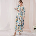 Sweet V-Neck Long-Sleeve Floral-Print High-Waist Lace-Up Maxi Dress