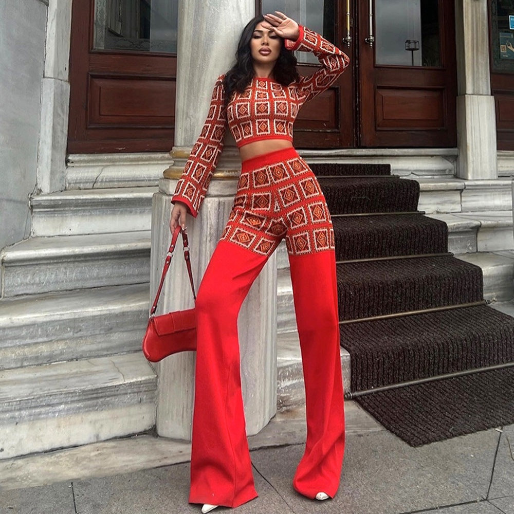 Women's Autumn Winter National Printed Plaid Long Sleeve Short Top