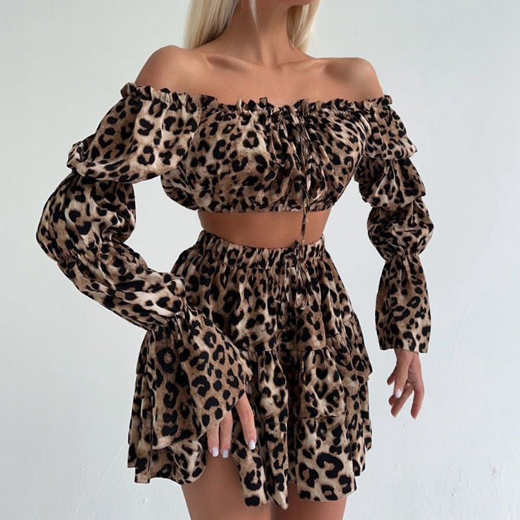 Leopard Print Printed off Neck Bell Sleeve