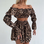Leopard Print Printed off Neck Bell Sleeve