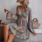 Floral Print V-Neck Flare-Sleeve Dress
