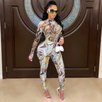 Women Wear Painted Tight Long Sleeve Pants Mesh See Through