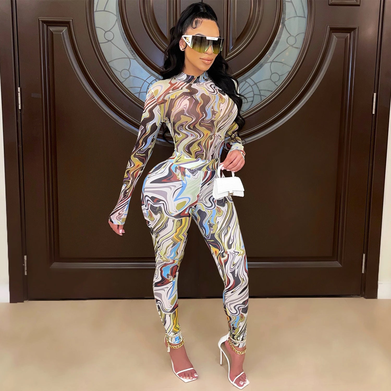 Women Wear Painted Tight Long Sleeve Pants Mesh See Through