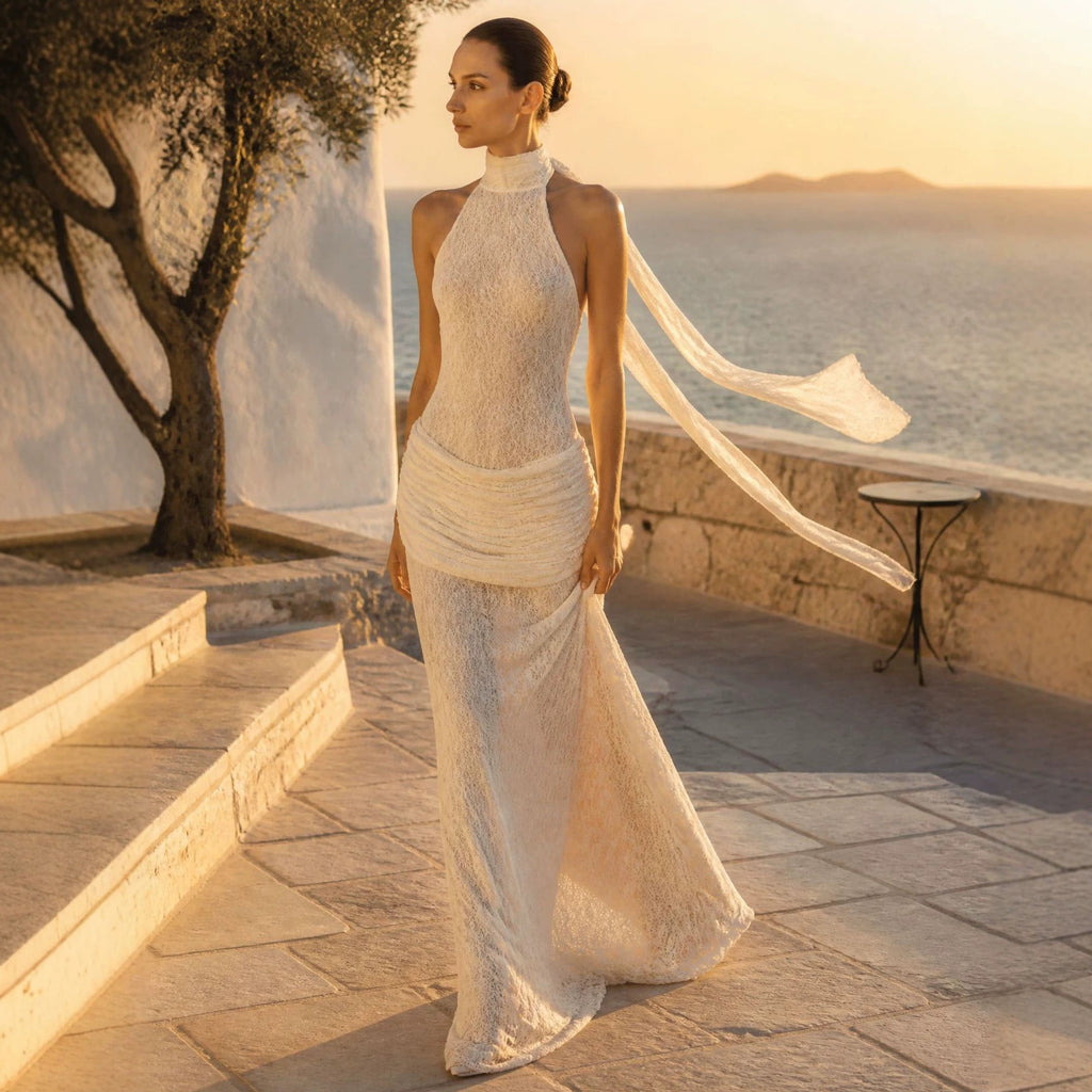 Women's Halter-Neck Lace Fishtail Evening Dress