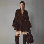 Loose Lantern-Sleeve Lace Patchwork Dress
