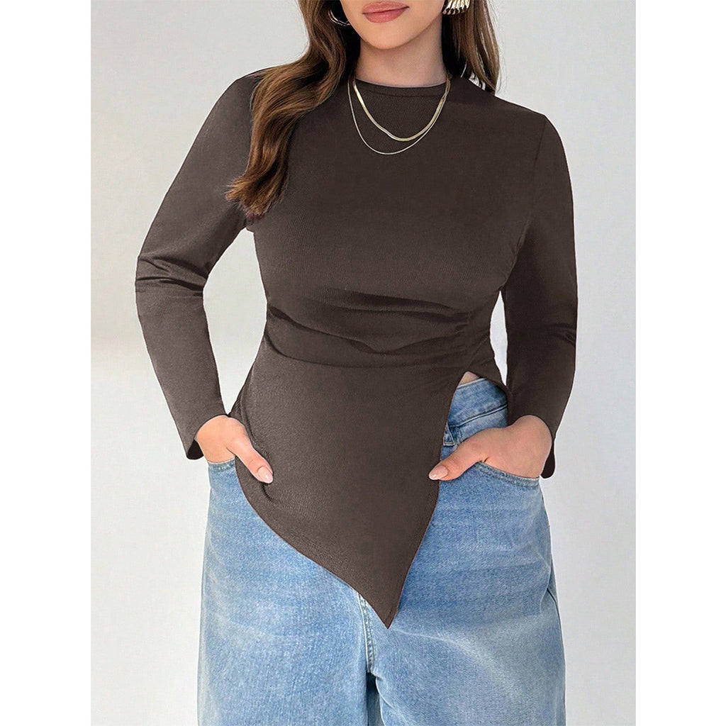 Plus Size Long Sleeve Blouse round Neck Sunken Stripe Irregular