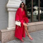 Cotton Linen Dress Autumn Lazy Casual Loose Robe Collared Tied Maxi