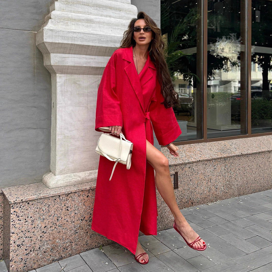 Cotton Linen Dress Autumn Lazy Casual Loose Robe Collared Tied Maxi