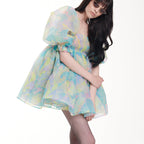 Women's Lace-Trim Printed Square-Neck Puff-Sleeve Dress