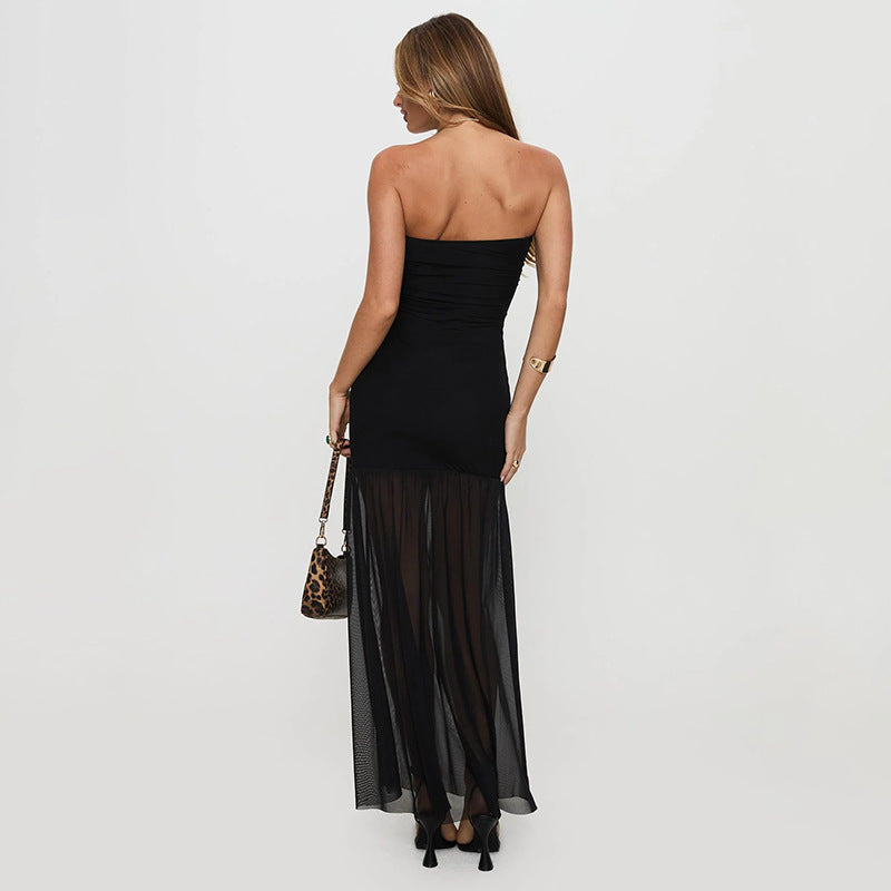 Women's Strapless Mesh Ruched Split Dress