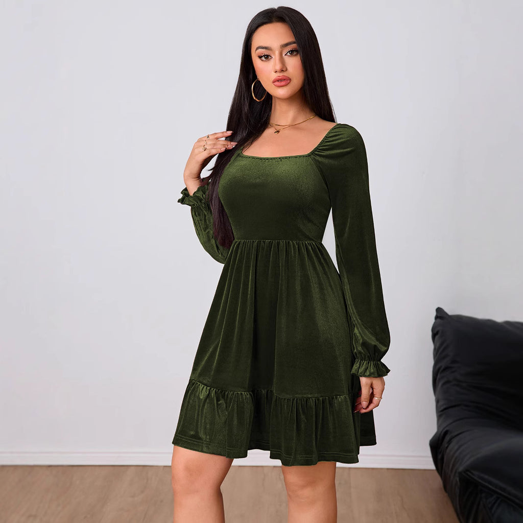 Women's Wine Red Velvet French Midi Dress
