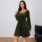 Women's Wine Red Velvet French Midi Dress