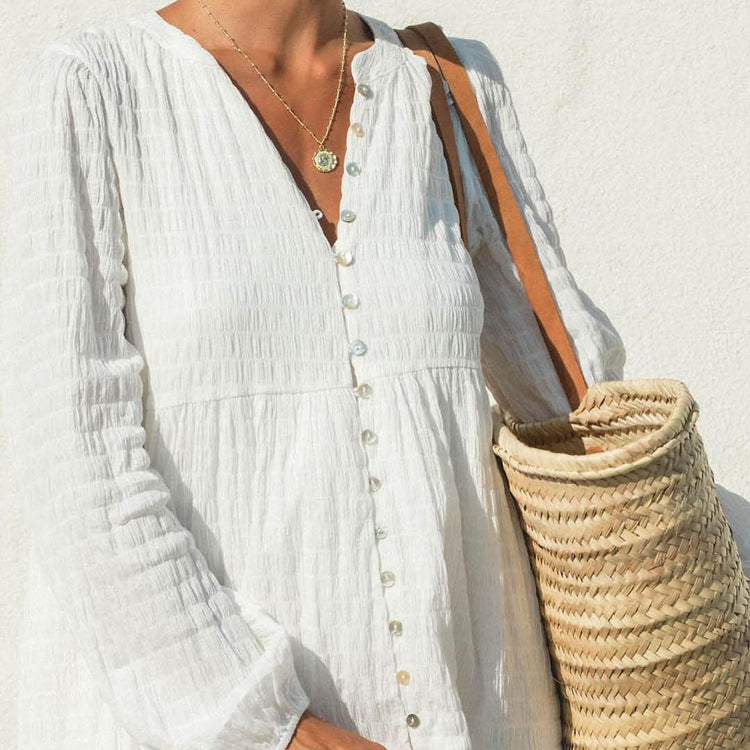 White Cotton Pleated Long Sleeve Maxi Dress