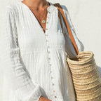 White Cotton Pleated Long Sleeve Maxi Dress