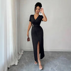 V-Neck Ruched High-Slit Maxi Dress