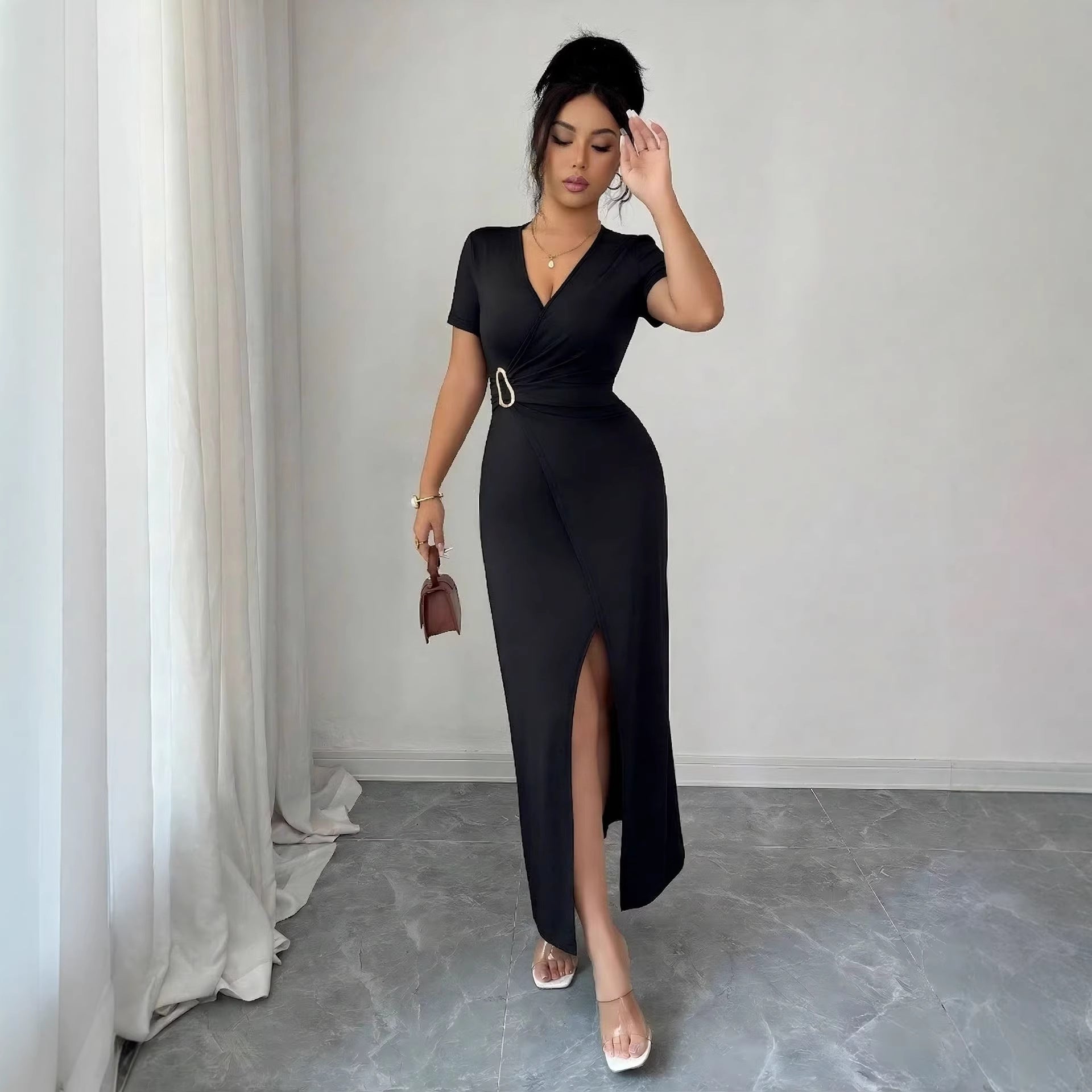V-Neck Ruched High-Slit Maxi Dress