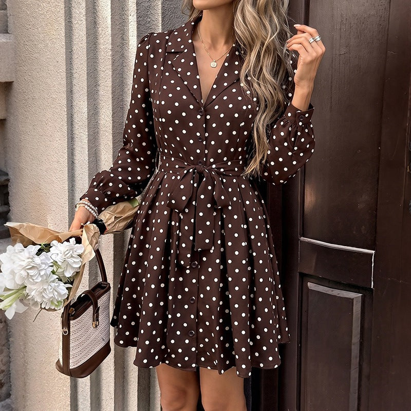 Gentle Retro Collar Polka Dot Long Sleeve Dress