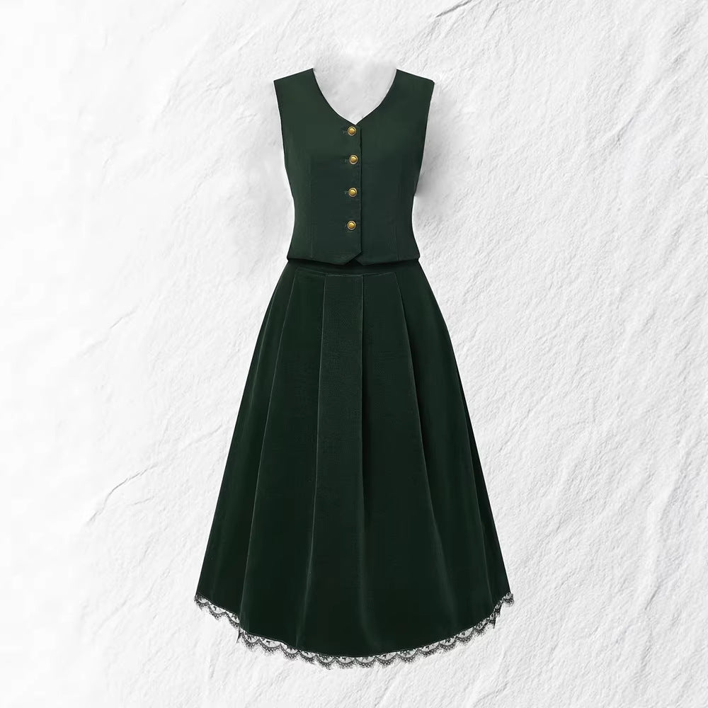 Spring Summer Women Clothing Wild Elf Vintage Vest Lace Skirt Set