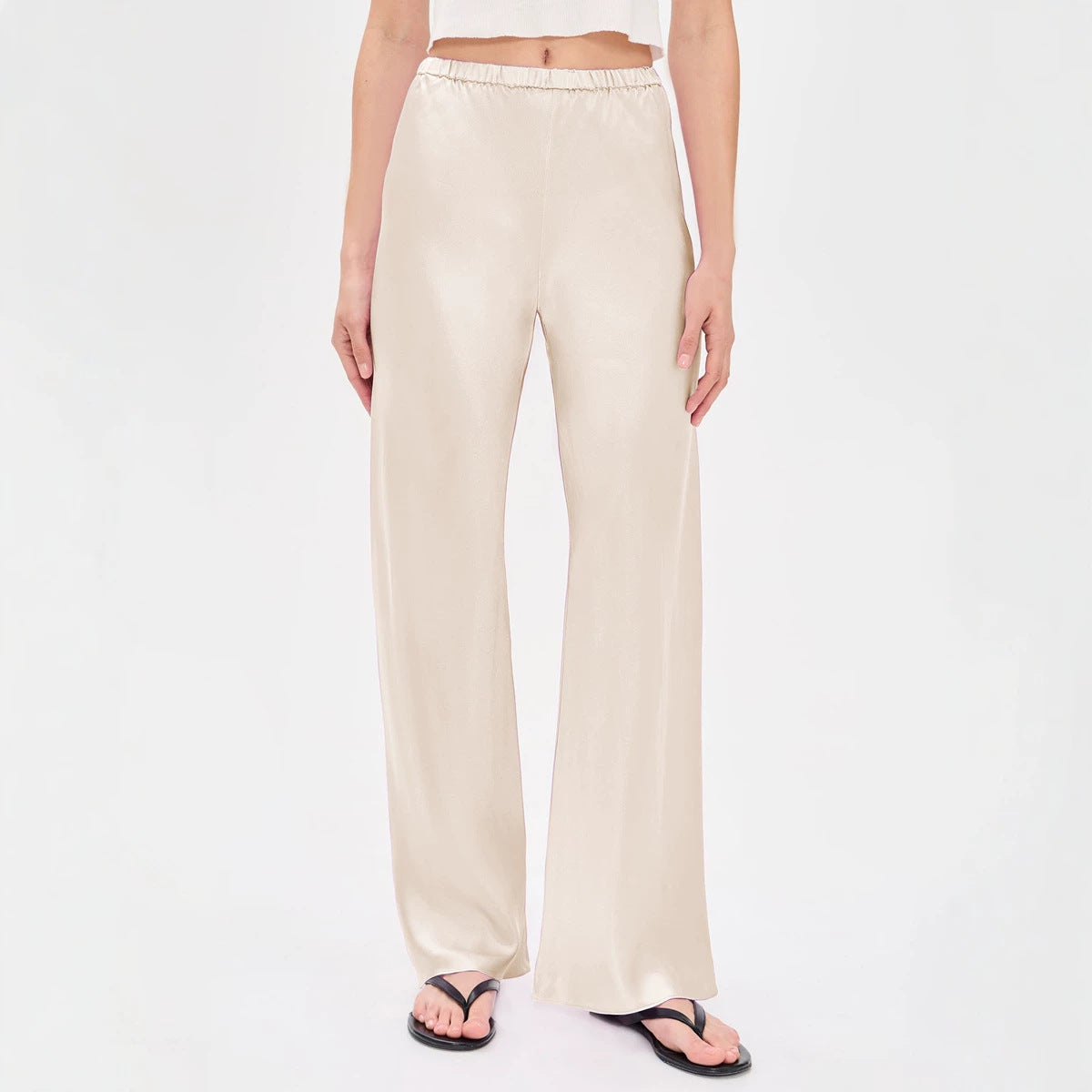Women Clothing Imitation Acetate Satin Wide Leg Pants Boutique High Waist Elastic Drape Solid Color Trousers for Women