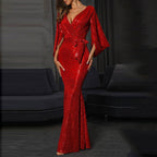 Sequin V-Neck Belted Ruched Split Bodycon Maxi Dress