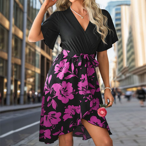 Summer Women Floral Printing Stitching Irregular Asymmetric Dress