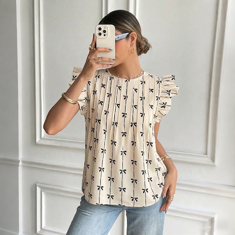 Women's Retro Loose Round Neck Bowknot Printed Flying Sleeves Shirt